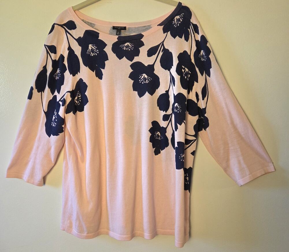 TALBOTS Plus 1X Pink Navy Blue Floral Bateau Neck 3/4 Sleeve Knit Sweater Top